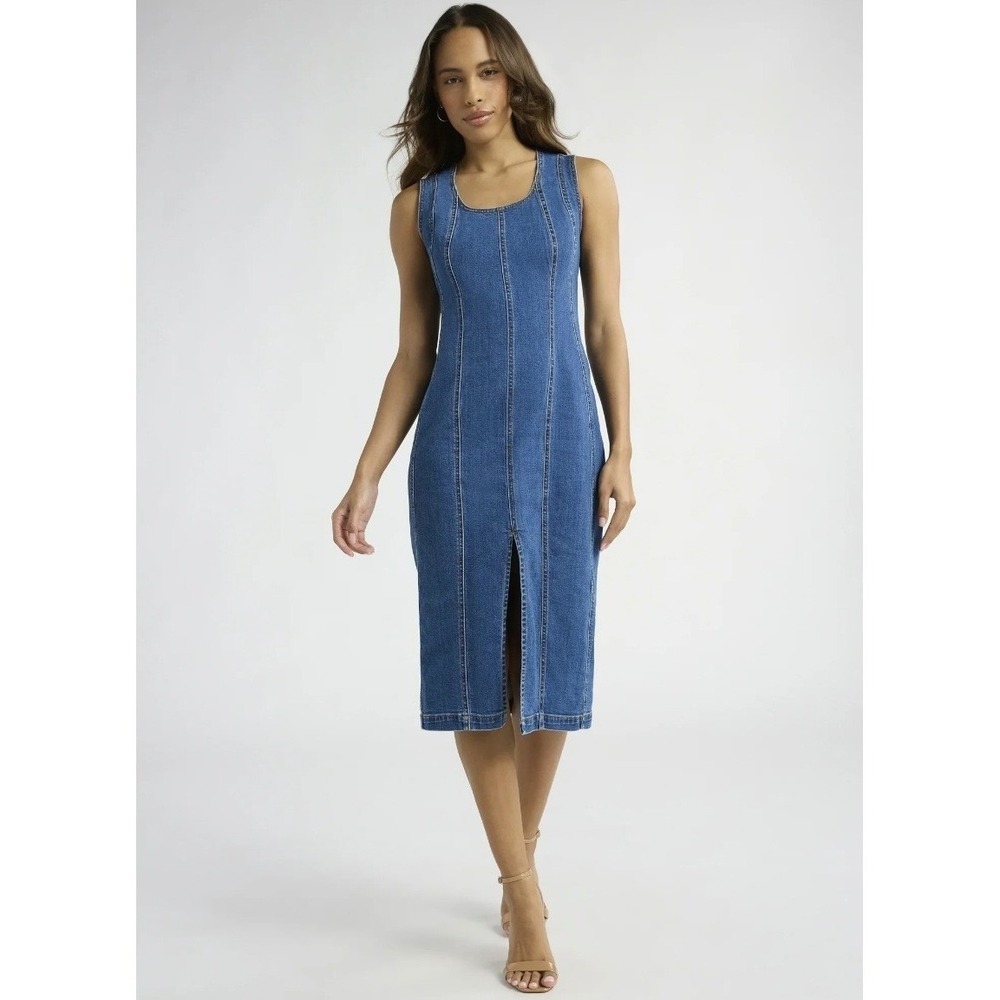 Sofia Jeans Denim Midi Dress Womens M Blue Seamed Sleeveless Front Slit Zip Back